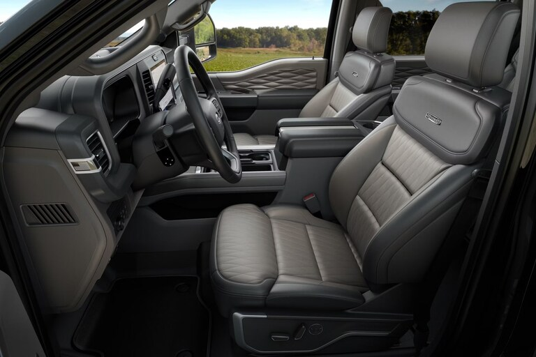 Smoked Truffle leather front seats and dashboard of the 2026 Ford F-250 Super Duty Platinum