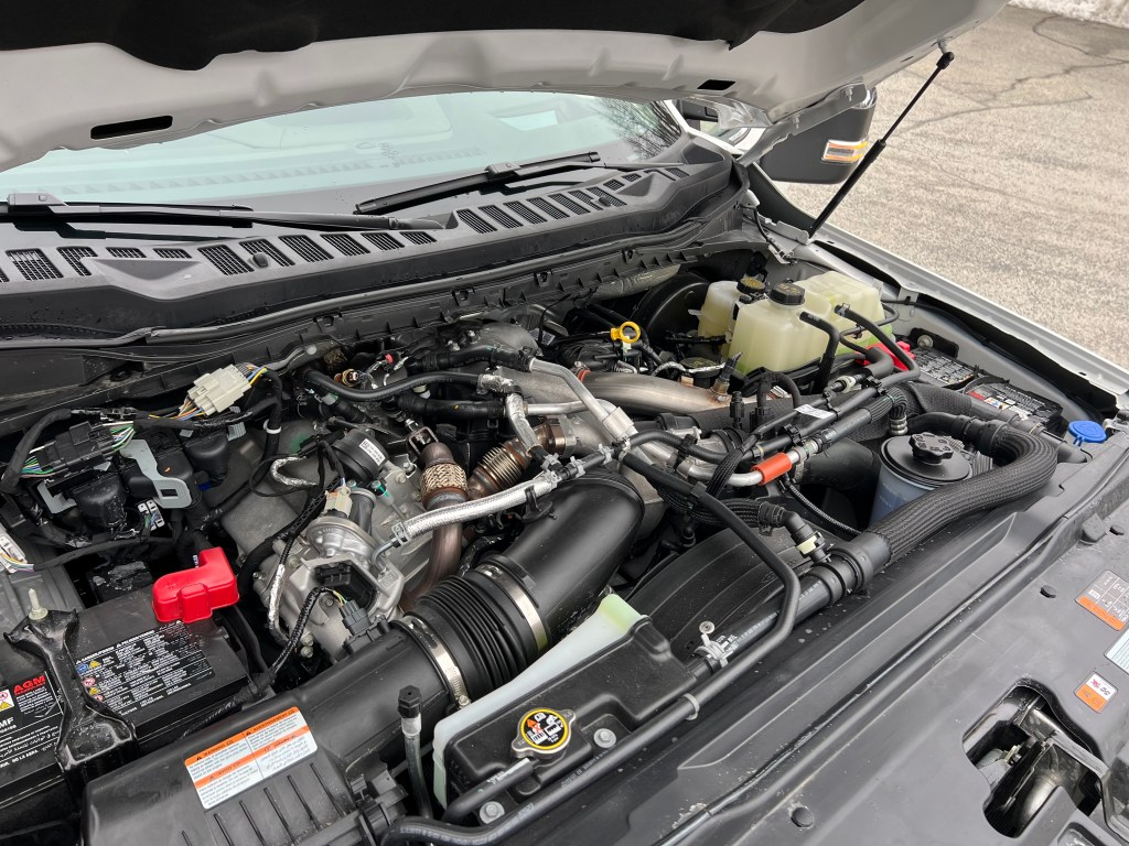 6.7L High-Output Power Stroke V8 turbo diesel engine bay of the 2026 Ford F-250 Super Duty Platinum