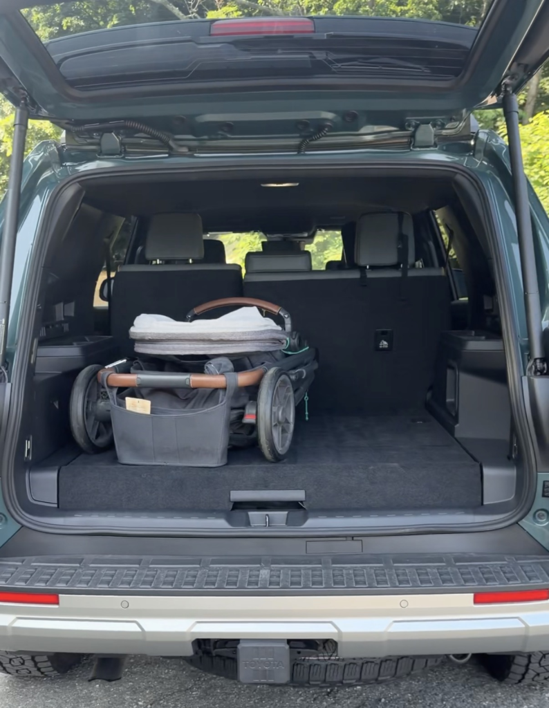 UPPAbaby stroller in the 2026 Toyota 4Runner Trailhunter cargo area showing the high hybrid battery load floor