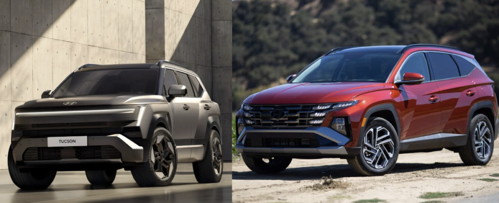 Side-by-side comparison of the boxy 2027 Hyundai Tucson and the outgoing curvy 2025 Tucson
