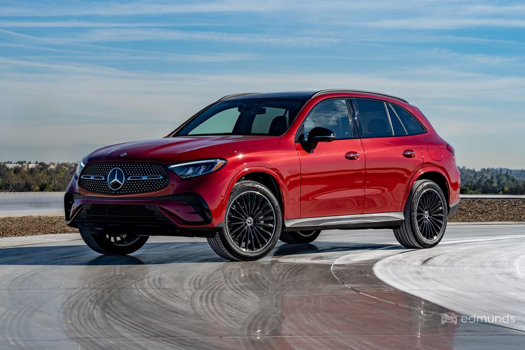 Mercedes-Benz GLC front three-quarter view in red on a test track