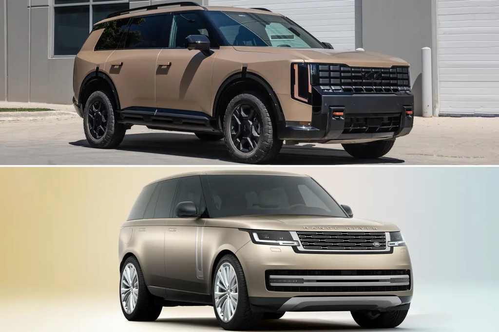 2027 Kia Telluride X-Pro in matte Terrain compared with a Range Rover in gold, the silhouettes side by side