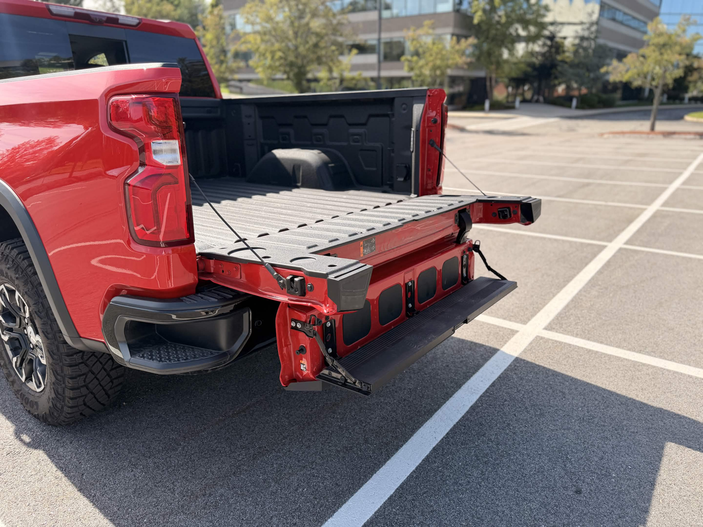 Multi-Flex tailgate open on the 2026 Chevrolet Silverado ZR2 with the load stop deployed and the bed visible