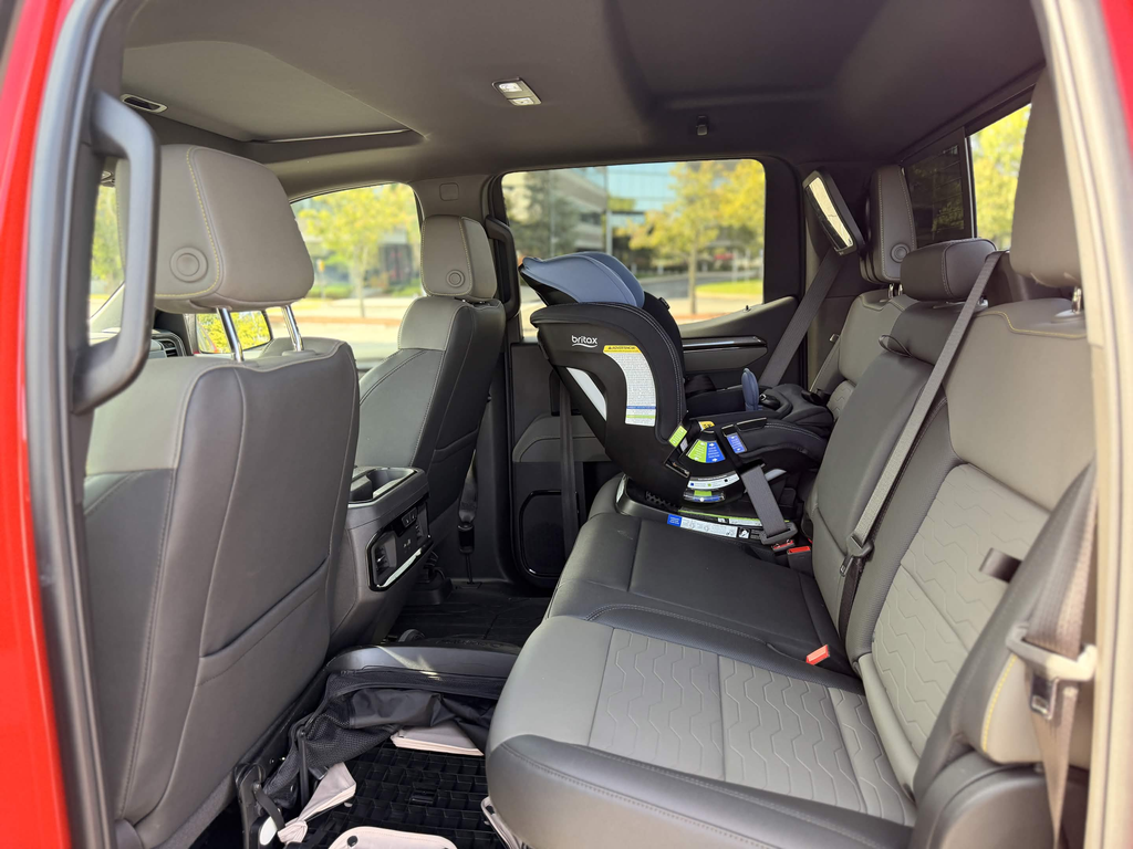 Britax Poplar S car seat installed in the huge back seat of the 2026 Chevrolet Silverado ZR2