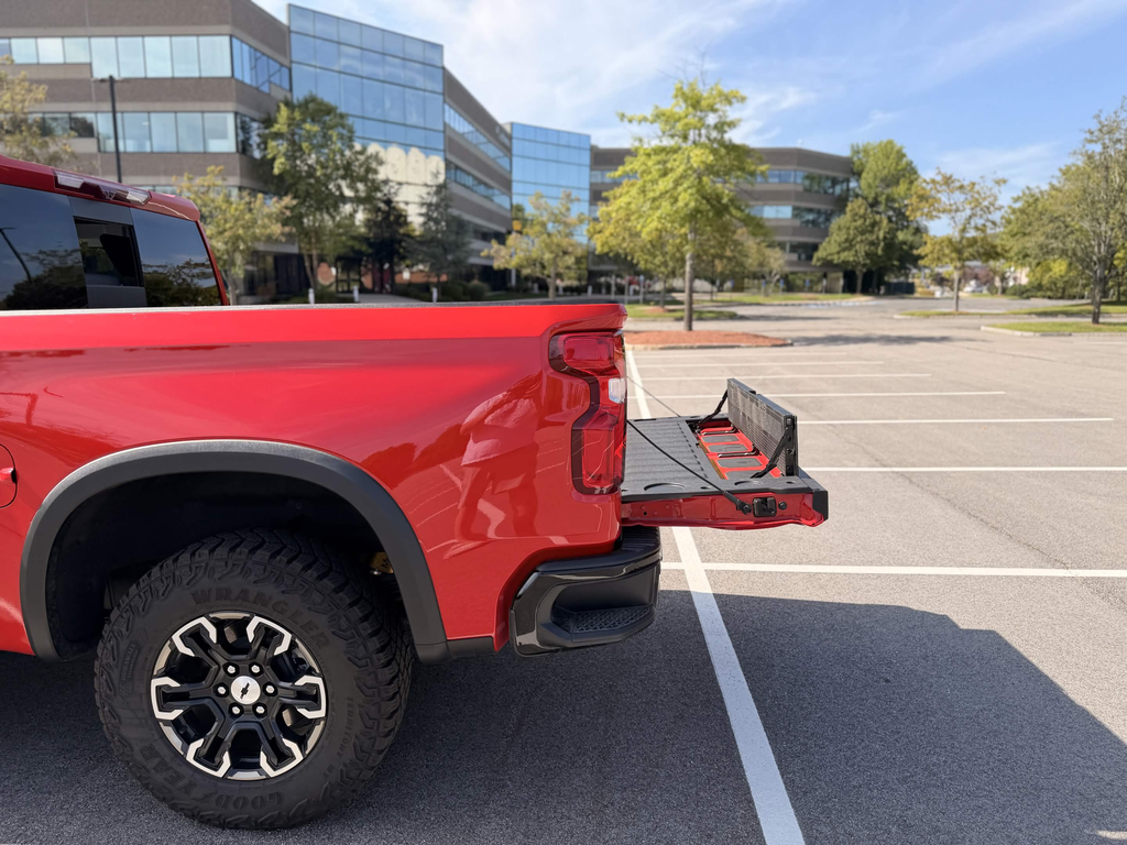 Bed side of the 2026 Chevrolet Silverado ZR2 with the Multi-Flex tailgate folded into its step position