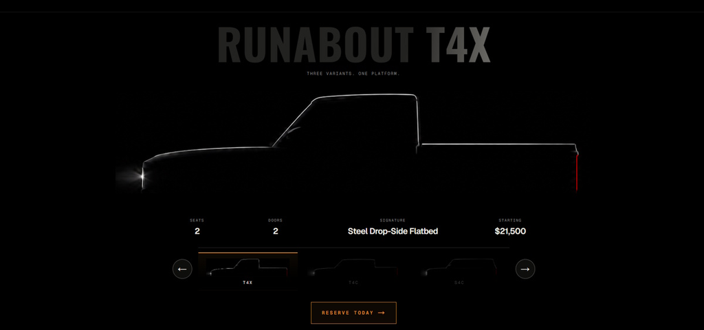 REO Runabout T4X pickup teaser silhouette with a steel drop-side flatbed listed from $21,500