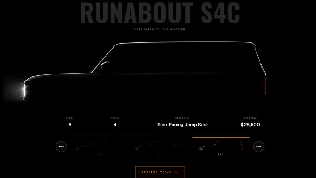 REO Runabout S4C SUV teaser silhouette showing six seats, a side-facing jump seat, and a $28,500 starting price