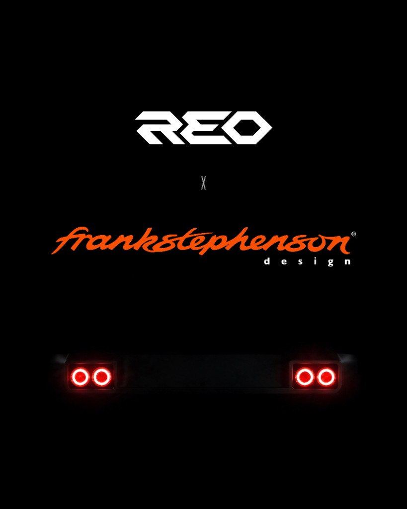 REO x Frank Stephenson Design announcement lockup above the four round taillights teaser