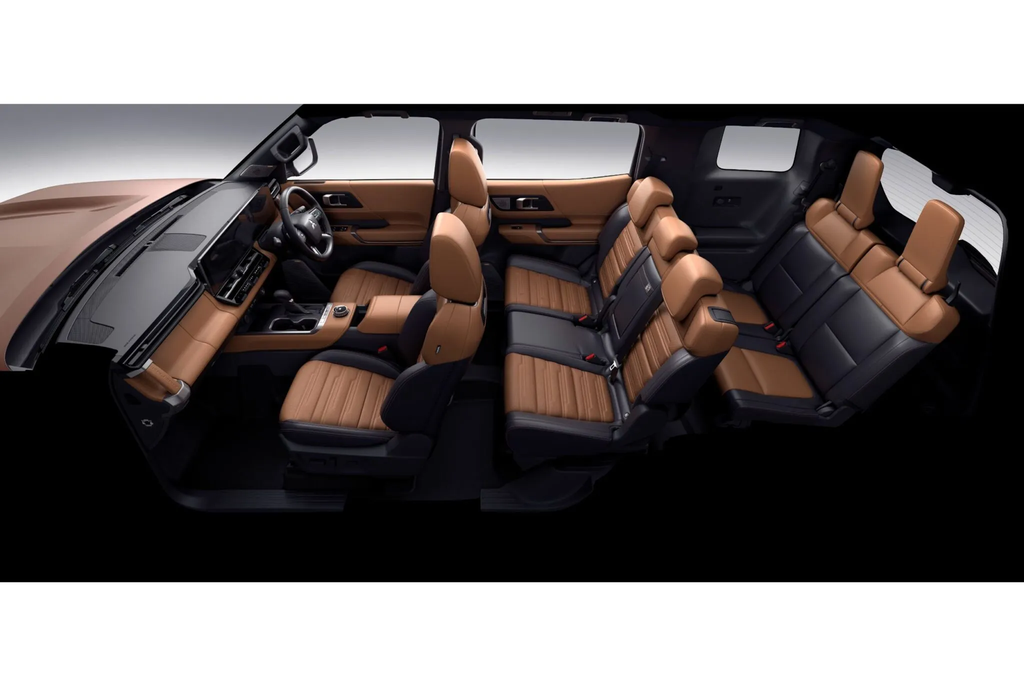 Three-row seating layout of the 2027 Mitsubishi Pajero in tan and black leather