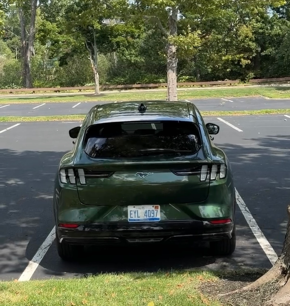2026 Ford Mustang Mach-E rear view in Eruption Green with the pony badge between the tri-bar taillights