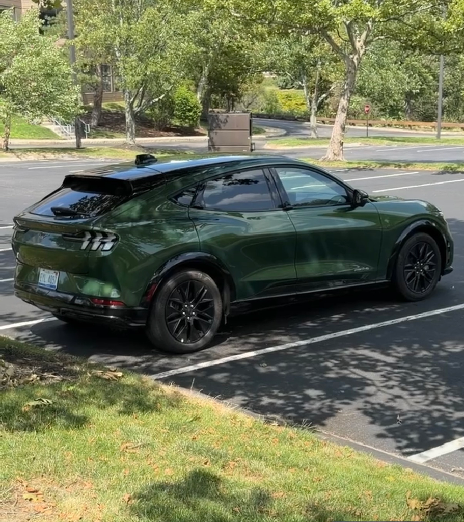 2026 Ford Mustang Mach-E rear three-quarter view in Eruption Green showing the fastback roofline and tri-bar taillights