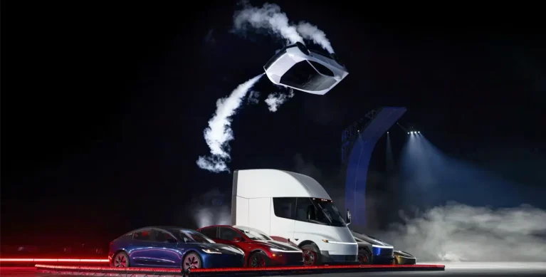 Tesla Roadster kickflipping through the air over the Tesla lineup including the Semi