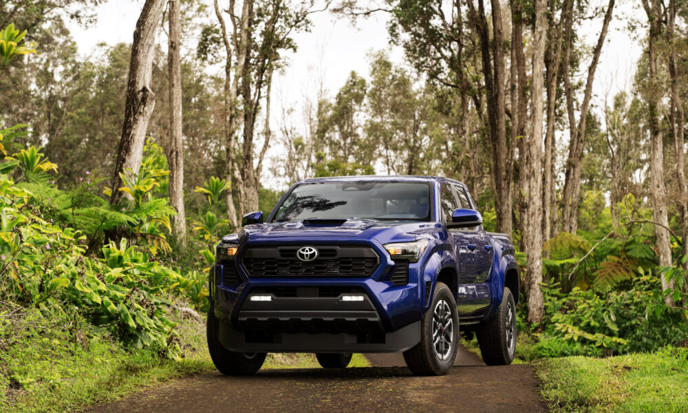 Toyota Tacoma in blue on an off-road trail