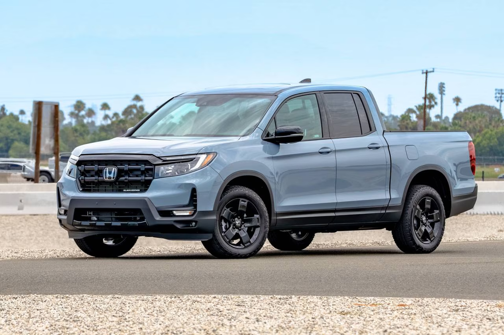 Honda Ridgeline in light blue, front three-quarter view