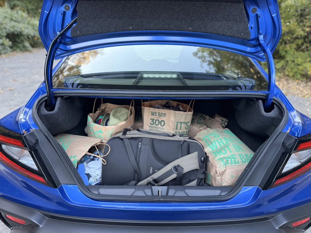 2026 Subaru WRX trunk open and loaded with grocery bags and a duffel bag