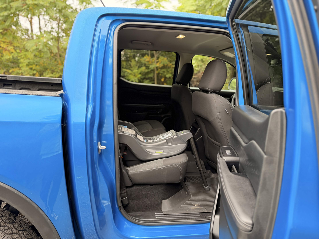 Child car seat installed in the back seat of the 2026 Ford Ranger SuperCrew